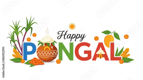 Vibrant Happy Pongal celebration with traditional Indian elements