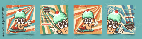 Retro mascot ice cream cone poster, logo, in a trendy vintage cartoon style. An ice cream cone in the old style of the 60s, 70s. sets of vintage mascots. Retro vector illustration