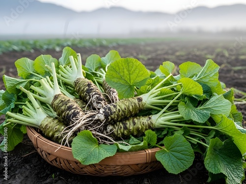 A basket of wasabi roots in a misty field

