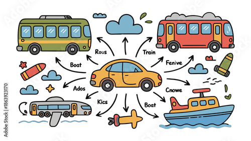 Colorful Transport Array: A vibrant illustration showcasing various modes of transportation. Arrows and clouds connect them.