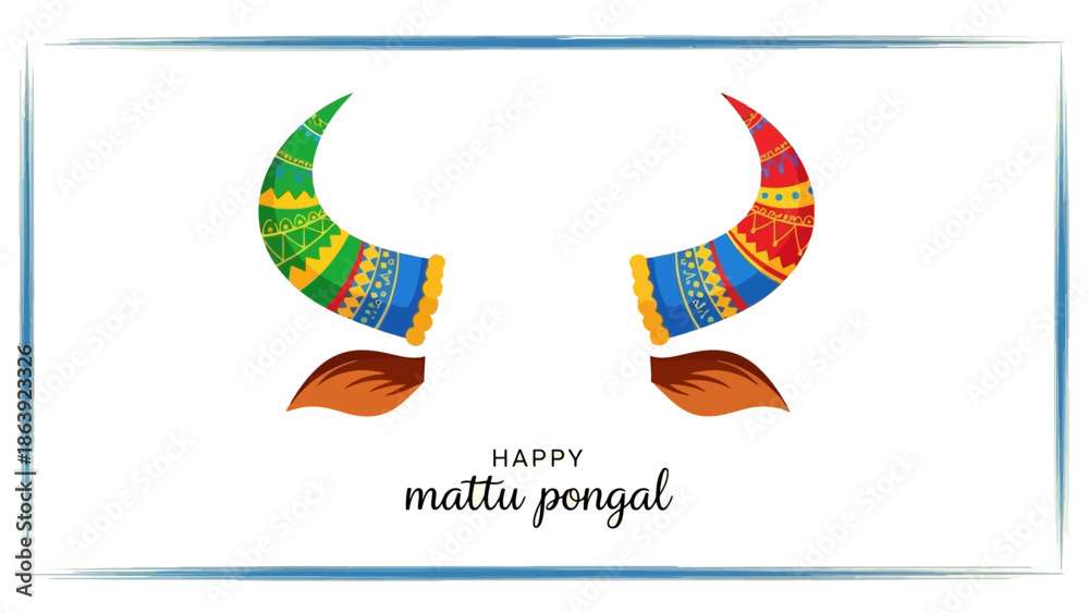 Fototapeta premium Vibrant Mattu Pongal greeting with colorful cow horns and festive text