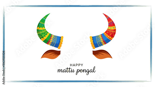 Vibrant Mattu Pongal greeting with colorful cow horns and festive text