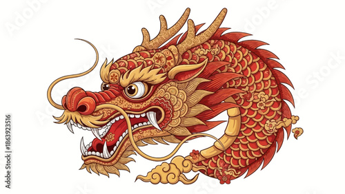 Red Chinese dragon head mythology symbol.