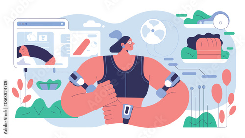 Woman with fitness trackers and health data visualization