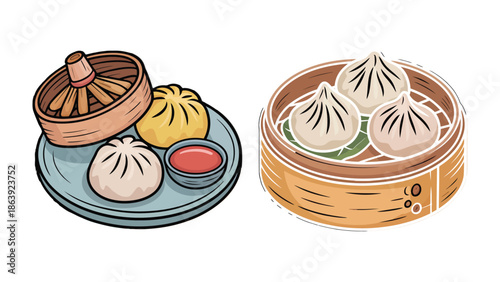 Steaming Dim Sum Delights: A close-up view presents an assortment of dim sum in bamboo steamers and on a plate, featuring plump dumplings. These delectable treats sit ready to be enjoyed