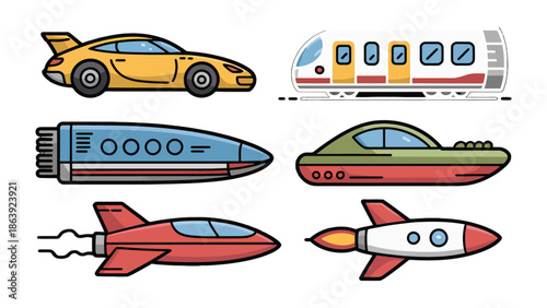 Vehicular Wonders: A vibrant collection of streamlined vehicles, showcasing a diverse range of transportation methods. This captivating display evokes a sense of speed, technological innovation.