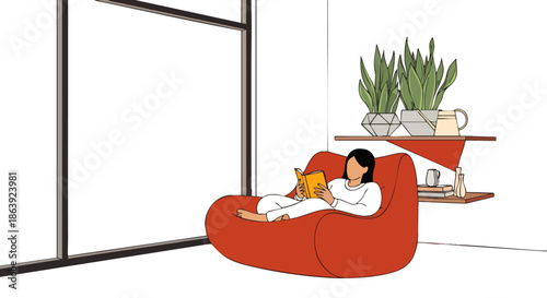A woman relaxes comfortably in a modern living room, reading a book while enjoying natural light from a large window.