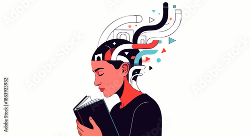 Person immersed in reading a book, with abstract colorful elements emerging from their head symbolizing imagination and ideas.