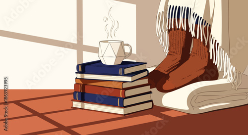 Cozy scene of feet in warm socks peeking out from a blanket next to a stack of books and a steaming mug.