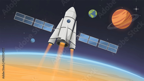 White rocket ship with solar panels in deep space near planets