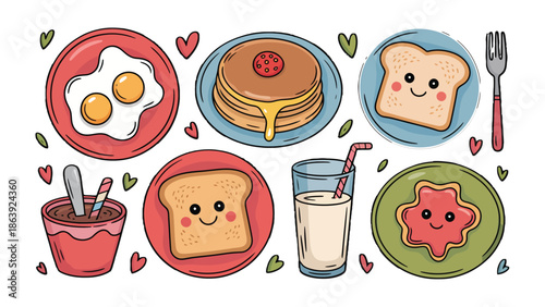 A Colorful Breakfast Array: An artistic depiction of a delightful breakfast spread featuring various dishes, with vibrant colors and charming presentation. 