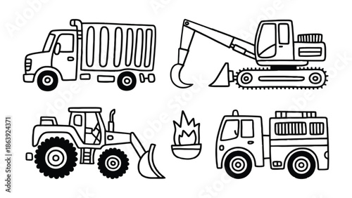 Construction Vehicles: A set of simplified illustrations of essential construction vehicles, from a rugged dump truck to a powerful excavator, a trusty tractor, and a dedicated fire truck.