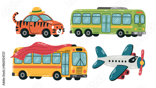 Whimsical Transport Collection: Delightful illustrations of various transport vehicles, each uniquely designed with vibrant colors and charming features.