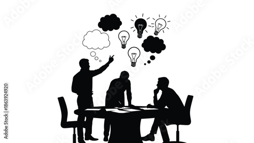 Business team silhouettes collaborating around a table generating bright new ideas and solutions