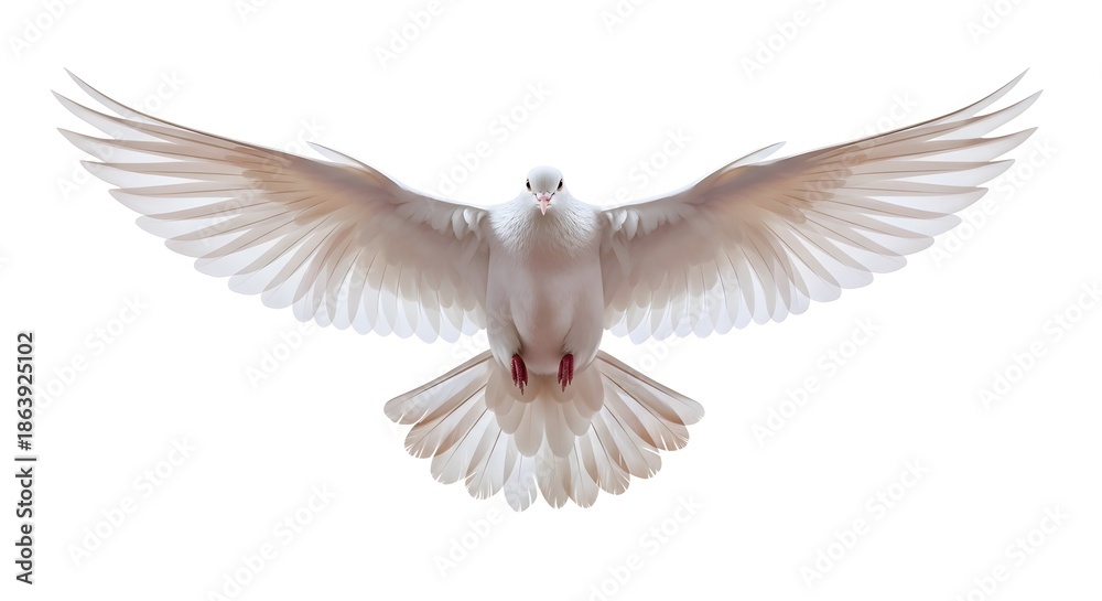 Fototapeta premium White Dove Flying Towards Camera on White Background