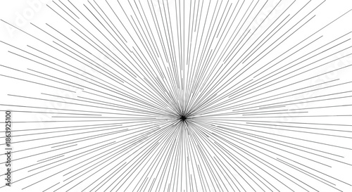 Abstract radial line pattern featuring a dense explosion of black lines emanating from a central point on a white background creating a starburst.