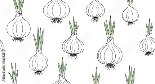 Fresh and organic seamless pattern of whole white onions with delicate green sprouts and roots on a clean white background for kitchen art.