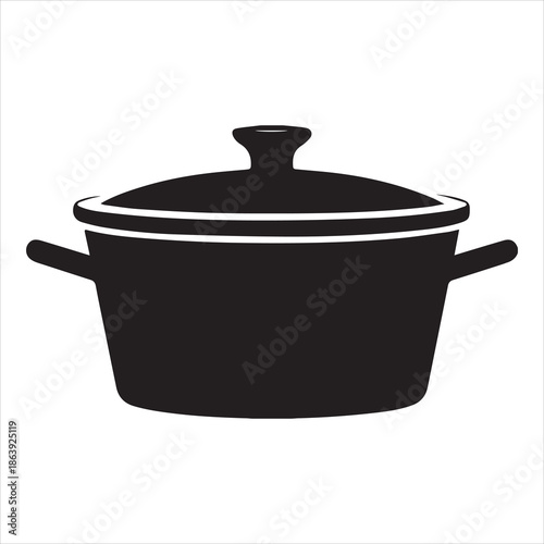 Black and white silhouette of a cooking pot with lid and handles on a white background