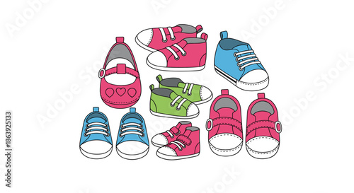 Adorable collection of colorful baby and toddler shoes including sneakers and Mary Janes in pink blue and green on a white background.