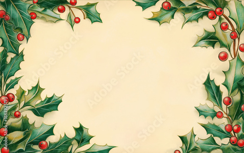 Christmas holly border with red berries on white background. Holiday greeting card concept.