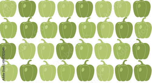 Systematic grid of green bell peppers in various shades of light and dark green creates a fresh and healthy food themed pattern.