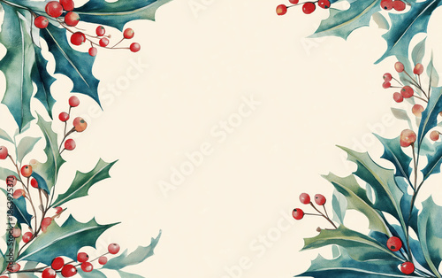 Blue green Christmas holly border with berries and soft background. Holiday banner concept.