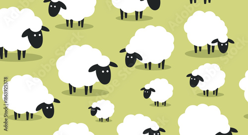 Fluffy white sheep graze in a seamless pattern across a soft green pasture background ideal for children products or farm themes.