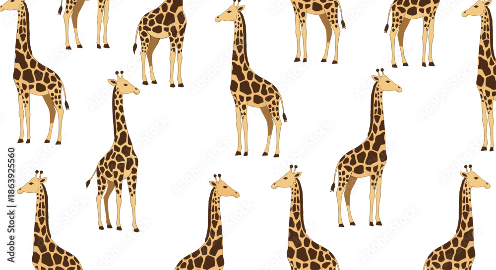Obraz premium Elegant giraffes stand gracefully in a repeating pattern across a clean white background for a sophisticated animal themed design.