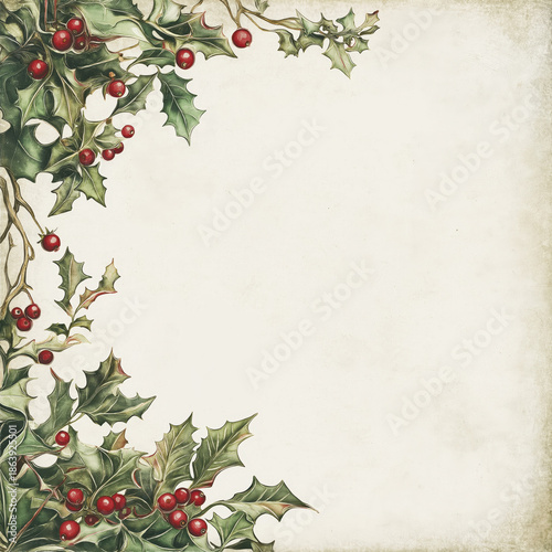 Vintage Christmas holly border along left side with aged paper texture. Holiday stationery concept.