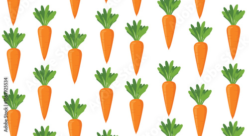Healthy orange carrots with long green leaves form a seamless and bright vegetable pattern on a clean white background.