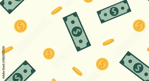 Dynamic pattern of falling dollar banknotes and gold coins on a light cream background representing wealth, finance, and success.