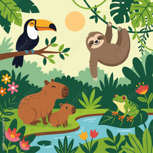 Vibrant tropical rainforest illustration showcasing diverse wildlife sloth, toucan, capybara family, frog. Lush jungle habitat with river and flora