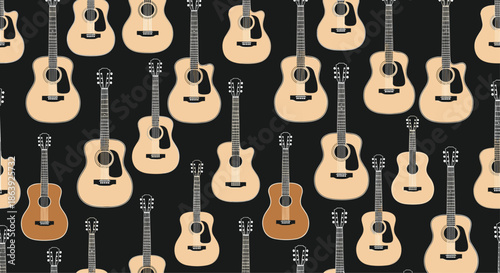 Acoustic guitars in different shades of wood are arranged in a seamless pattern on a dark background for music lovers and musicians.