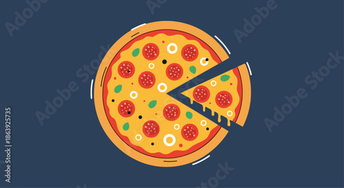 Classic pepperoni pizza with melted cheese and olives is shown with one slice being pulled away from the main pie against a dark blue background.