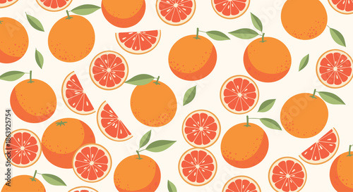 Delicious oranges and juicy fruit slices with green leaves are repeated in a seamless pattern ideal for fresh summer beverage and food themes.