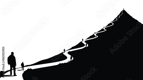 Silhouettes of hikers follow a winding path ascending a stark black mountain towards success