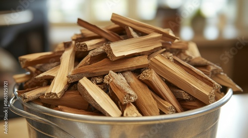 A close up of a pile of dry chopped wood kindling for fuel and burning