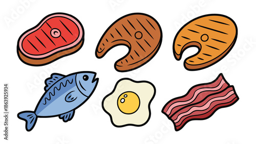 Culinary Delights: A vibrant assortment of appetizing food. Savor the colorful array of steak, fish, egg, and bacon. This image captures the essence of a satisfying meal.