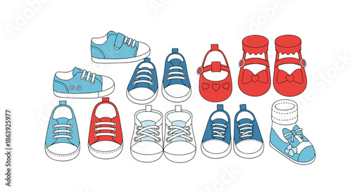 Wide assortment of cute baby shoes including sneakers, mary janes, and tiny socks are illustrated in a simple blue and red color palette.