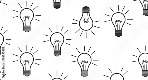 Seamless pattern displays a collection of hand drawn light bulbs with glowing filaments representing bright ideas, creativity, and innovation.