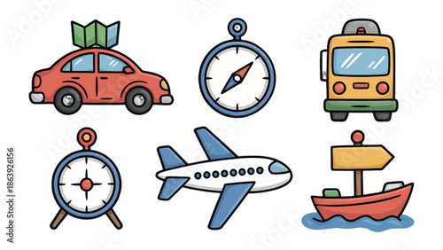 Travel Icons Illustration: A collection of various transport icons including a car, compass, bus, clock, airplane, and boat.