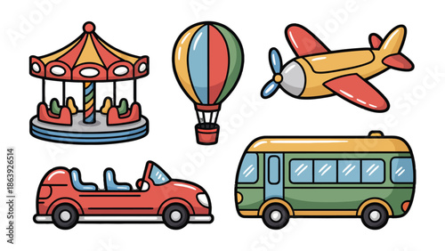 Colorful Carnival Rides: A whimsical set of five vibrant illustrations featuring a carousel, hot air balloon, airplane, convertible, and bus, perfect for travel, leisure, and childhood themes.