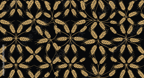 Elegant pattern of golden wheat ears arranged in circular floral motifs on a deep black background for bakery and harvest themes.