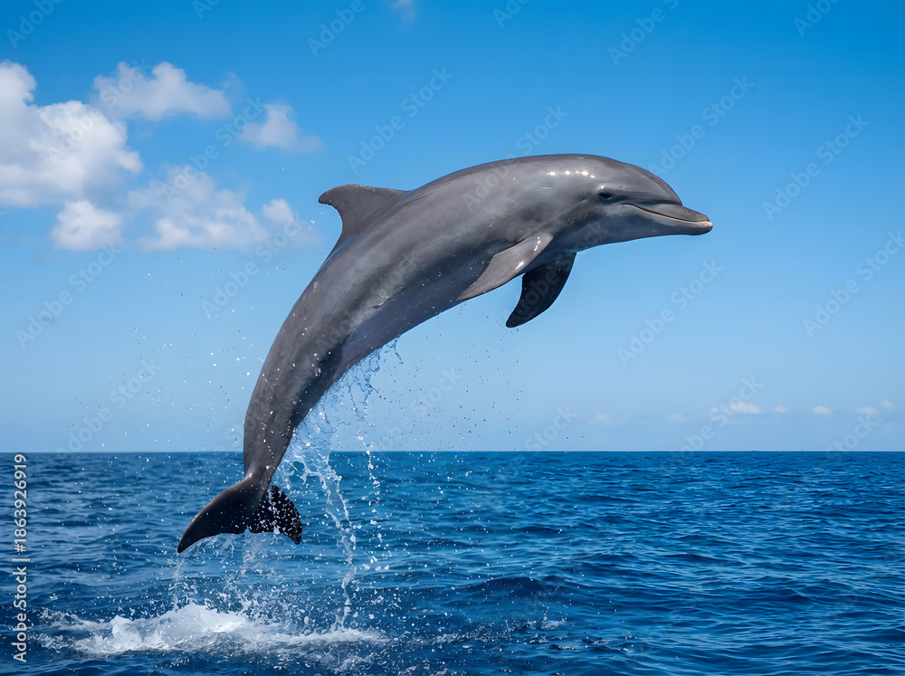 Fototapeta premium A majestic bottlenose dolphin leaps joyfully out of the deep blue ocean water, showcasing its sleek body and playful nature under a bright sky
