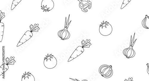 Healthy seamless pattern of outline drawn vegetables including carrots tomatoes and onions for kitchen textile and food design.