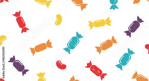 Sweet seamless pattern of colorful wrapped candies and jelly beans on a bright white background for confectionery and party.