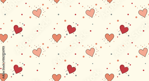 Romantic seamless pattern of hand drawn red and pink hearts with small spots on a soft cream background for valentines day.