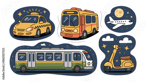 Vehicles and Journey: A charming ensemble of diverse vehicles, rendered in a cheerful, cartoonish style. Including an airplane, scooter, bus and taxi, suitable for various scenes.