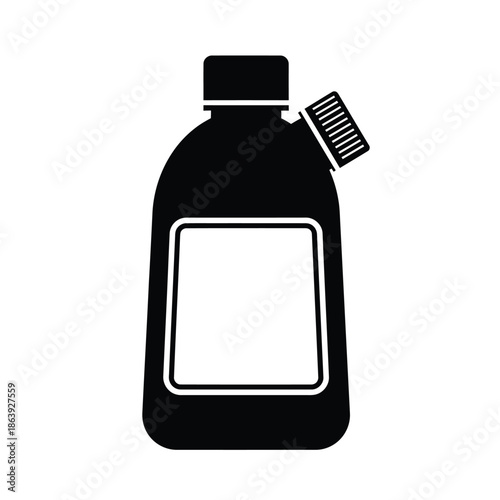 a simple black and white illustration depicts a bottle with a cap and a flip top opening clearly visible