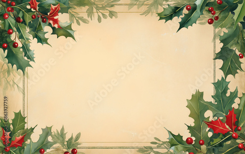 Wide vintage Christmas holly border banner on warm parchment. Holiday greeting concept.